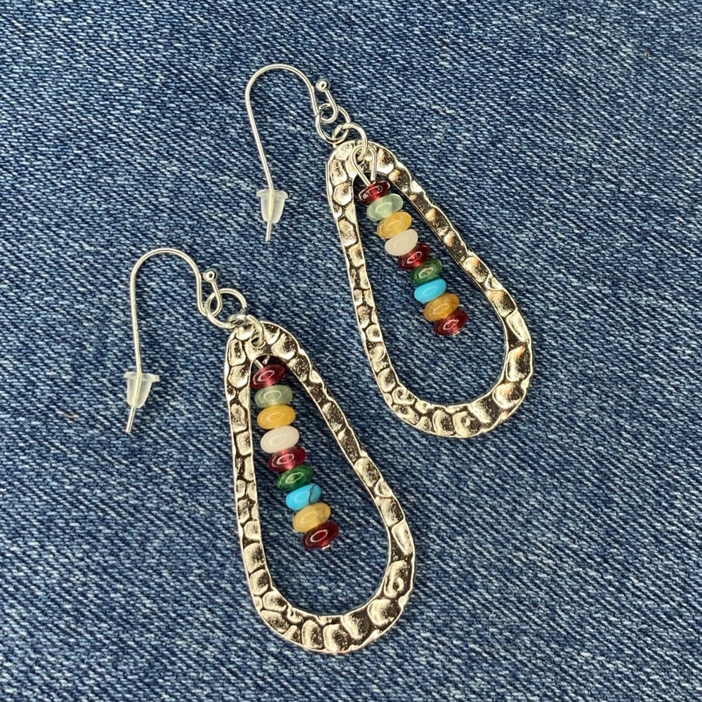 Colorful Beaded Silver Hoop Earrings